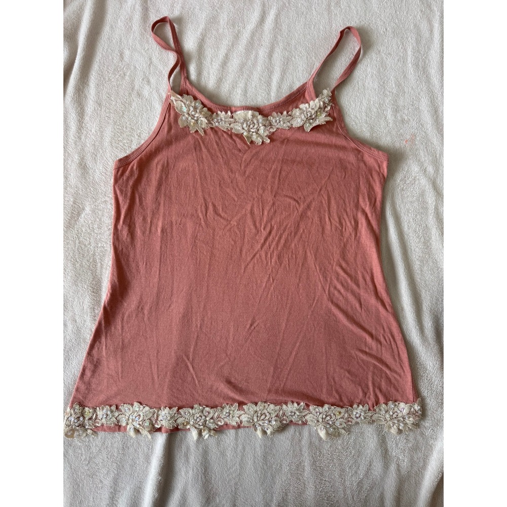 Cali Born & Bred Pink Floral Lace Beaded Cami Tank Top Y2K Cottagecore L - Picture 2 of 9